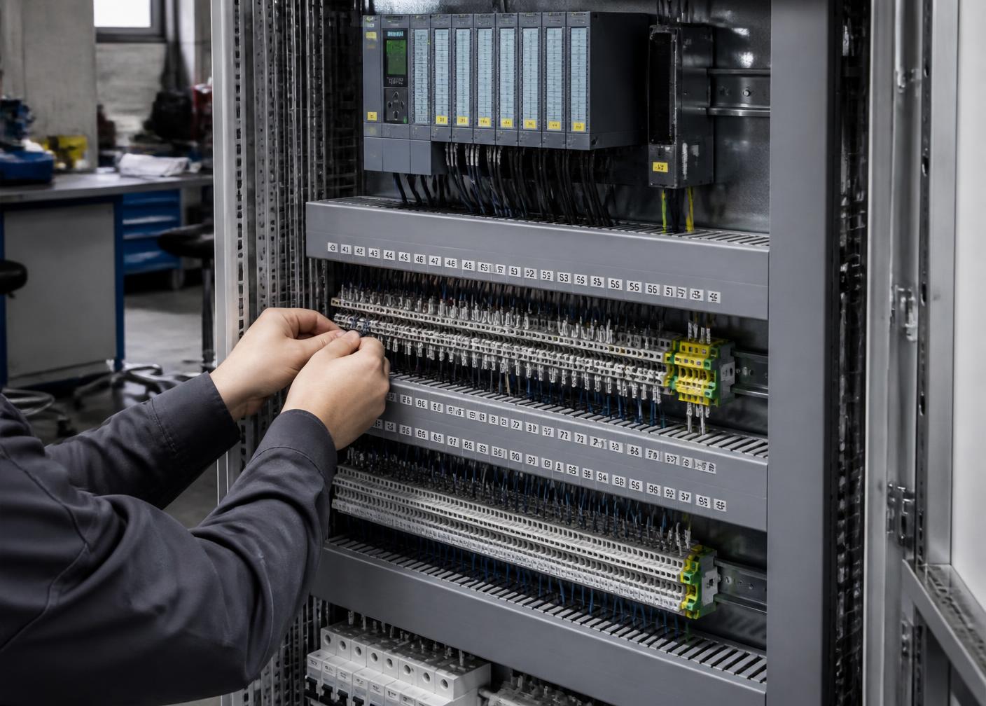 Aufbau und Verdrahtung eines Schaltschranks mit SPS-Modulen in der Fertigung (Konzeptbild)