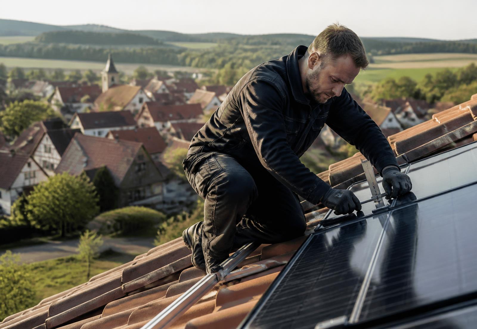 Monteur befestigt Photovoltaikmodule auf einem Ziegeldach über einem Dorf (Konzeptbild)