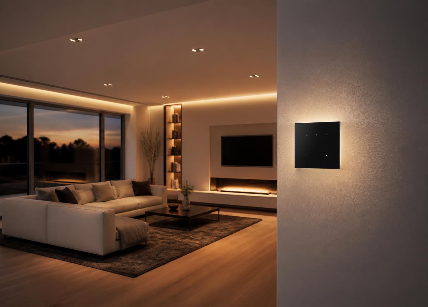 Wohnraum mit integrierter Lichtsteuerung und Smart-Home-Bedienpanel (Konzeptbild)