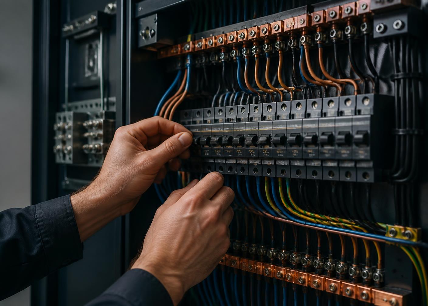 Elektriker verdrahtet eine moderne Elektroverteilung (Konzeptbild)